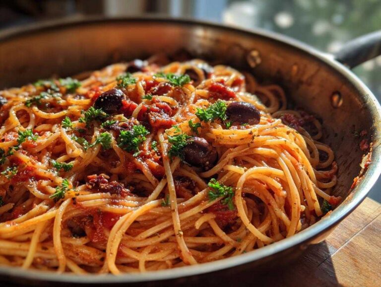 Close-up of one pan spicy pasta with tomato sauce, olives, and parsley in a metal pan.