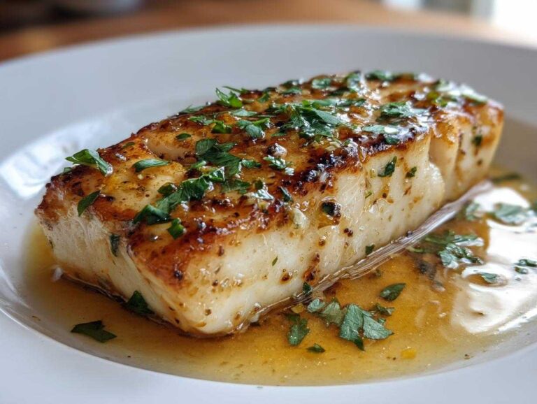 Close-up of pan seared halibut fillet on a white plate, topped with fresh herbs and a lemon sauce.