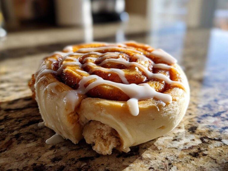 Close-up of a glazed pumpkin cinnamon roll casserole on a marble surface, showcasing its soft texture and sweet icing.