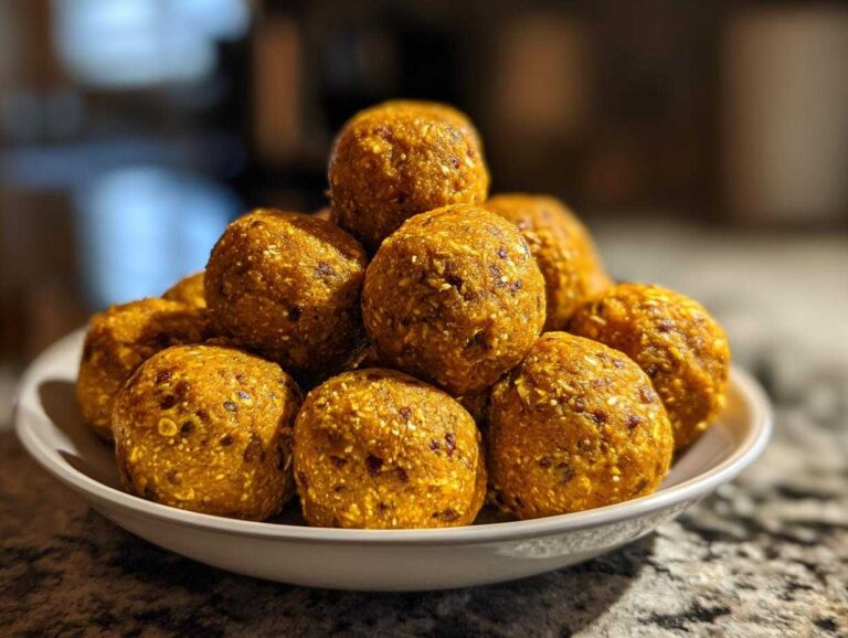 A plate piled high with delicious homemade pumpkin protein bites, ready to eat.