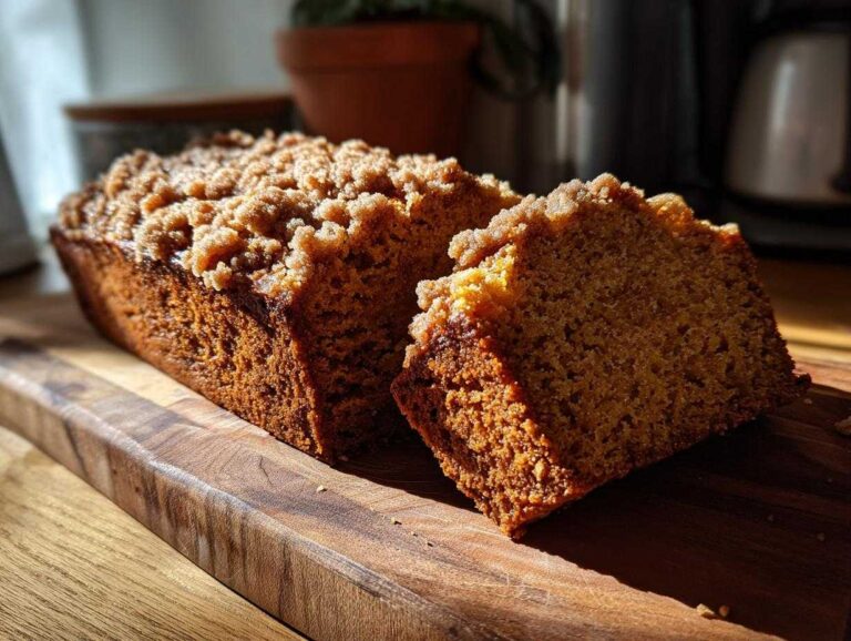 A freshly baked pumpkin streusel loaf, with a slice cut, sits on a wooden cutting board.