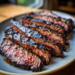 Close-up of sliced skirt steak marinade, cooked to medium-rare with visible grill marks and garnished with herbs.