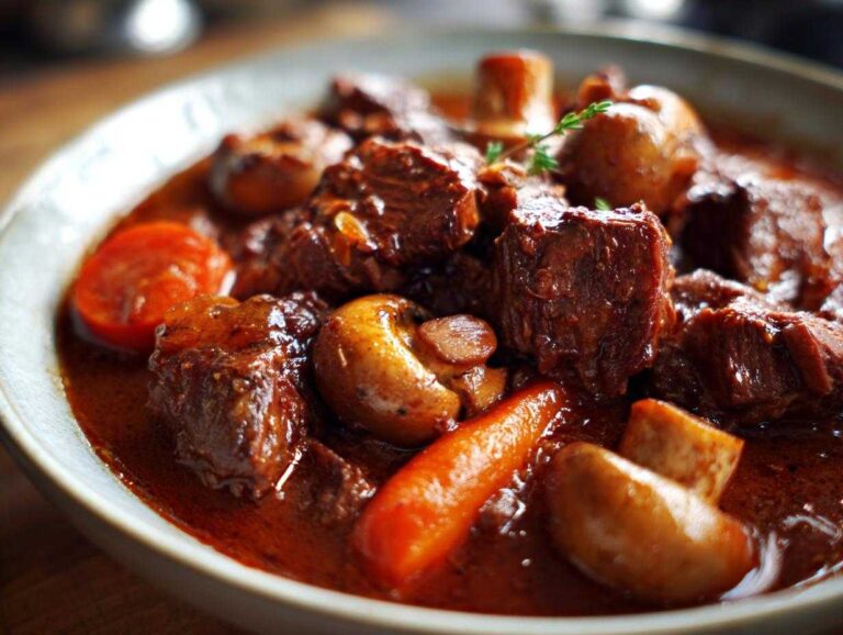 Close-up of slow cooker beef bourguignon with beef, carrots, and mushrooms in a rich sauce.