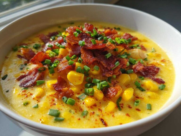 A bowl of homemade sweet corn chowder topped with crispy bacon and fresh chives.