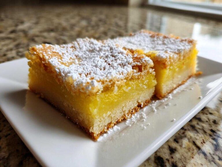 Two tangy lemon bars on a white plate, dusted with powdered sugar. Close-up shot.