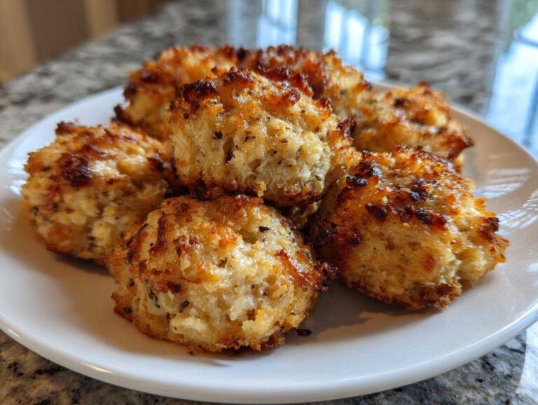 A plate of golden brown turkey stuffing balls, ready to serve. Crispy and delicious turkey stuffing balls.