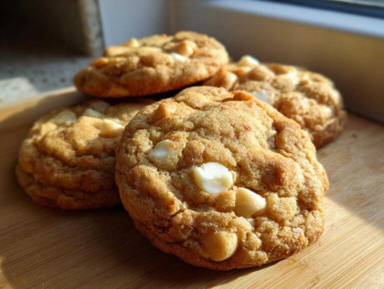 Pile of freshly baked white chocolate macadamia cookies on a wooden board.