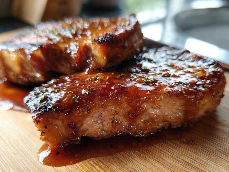 Two glazed brown sugar pork chops stacked on a wooden board, glistening with sauce and herbs.