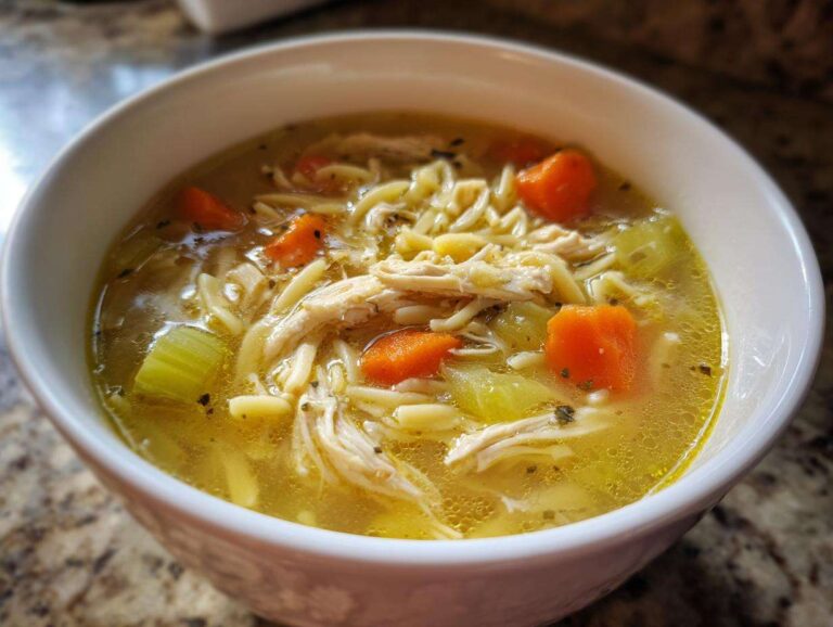 A comforting bowl of Chicken noodle soup with egg noodles, shredded chicken, carrots, and celery.