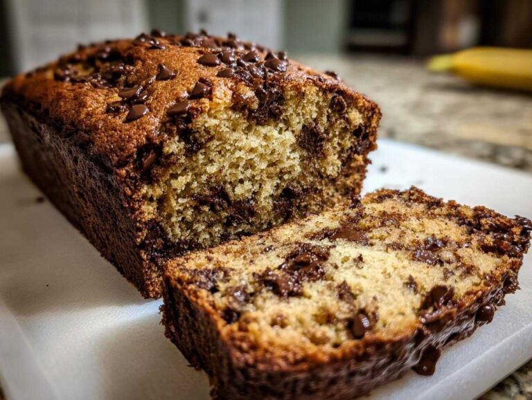 A loaf of chocolate chip banana bread with a slice cut, showing the moist texture and chocolate chips.