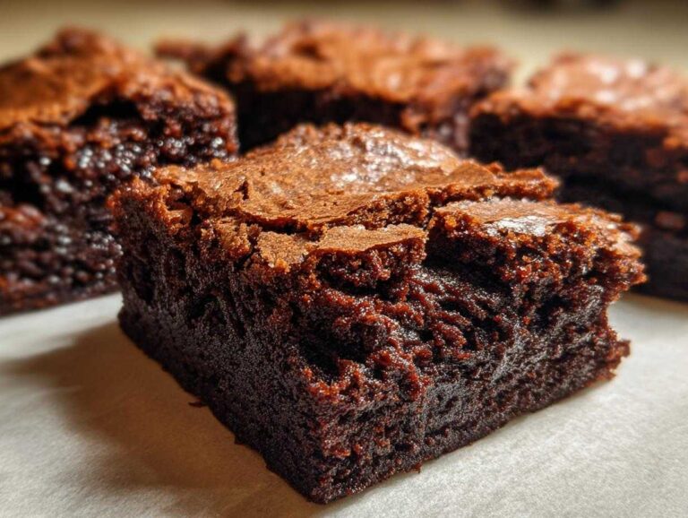 Close-up of several fudgy brownies, showcasing their rich, dark chocolate color and texture.