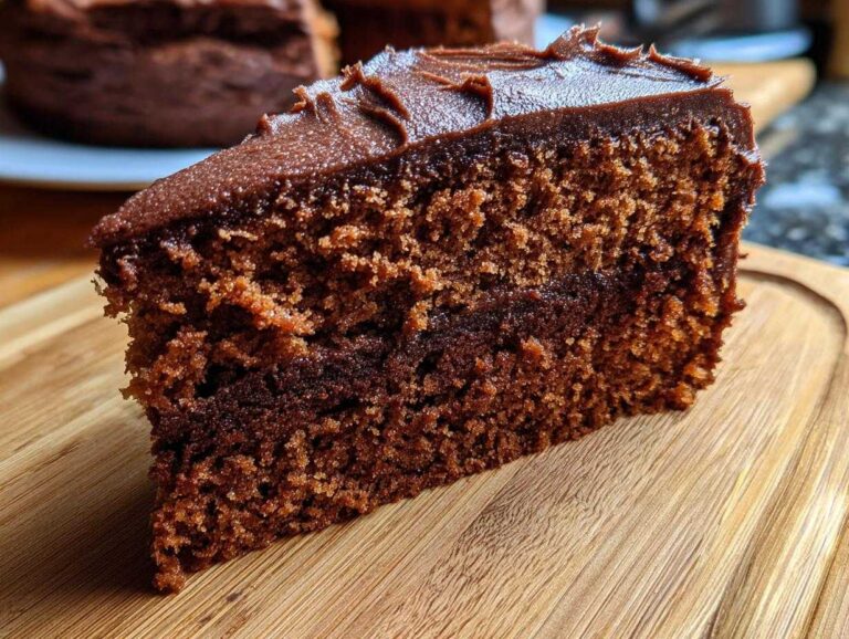 A slice of moist gingerbread cake with chocolate frosting, showcasing the cake's texture and rich color.