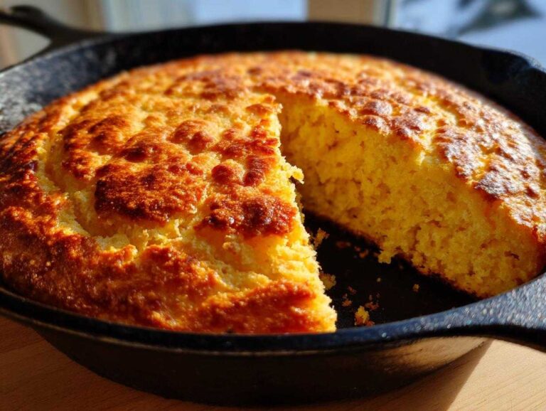 Freshly baked golden cornbread in a cast iron skillet with a slice removed, showcasing its texture.