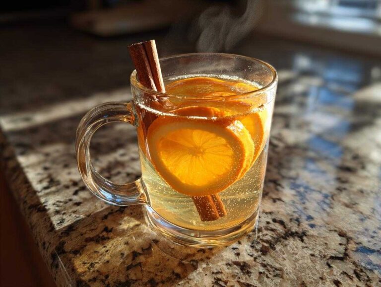 Steaming mug of apple cider with orange slices and cinnamon sticks, sitting on a granite countertop.