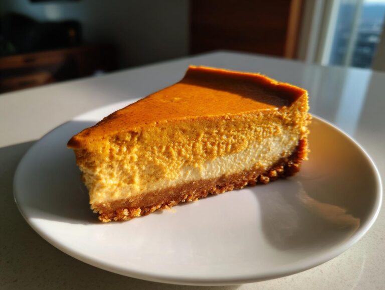 A single slice of keto pumpkin cheesecake on a white plate, showcasing the crust, creamy filling, and pumpkin layer.