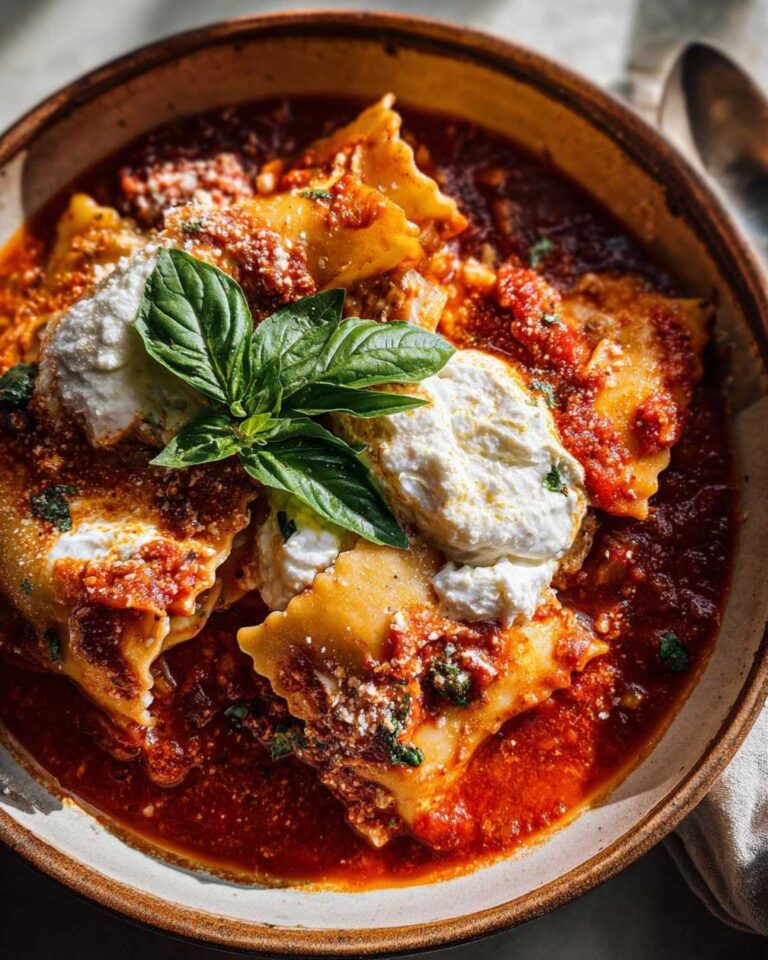 A bowl of lasagna soup with ricotta, featuring lasagna noodles, tomato sauce, and fresh basil garnish.