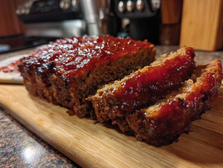 A close-up of sliced meatloaf with glaze, showcasing its texture and rich color on a wooden board.