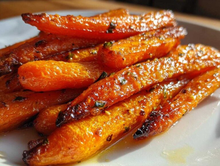 Close-up of glazed oven roasted carrots with herbs on a white plate, ready to eat.