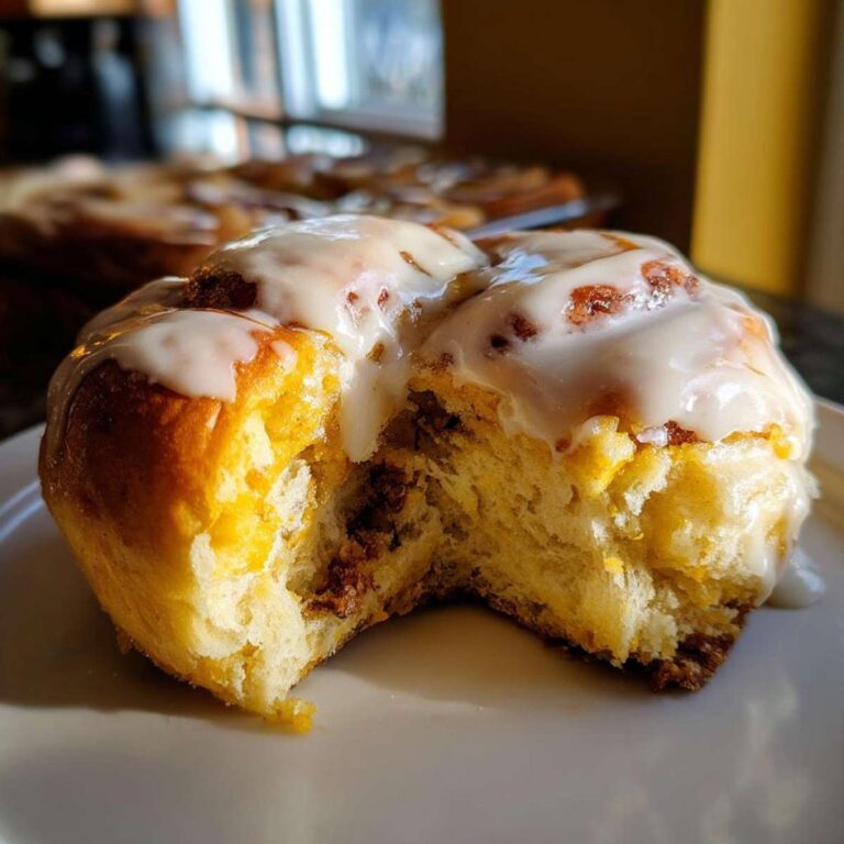 Close-up of a pumpkin cinnamon roll bake with a bite taken out, topped with icing.