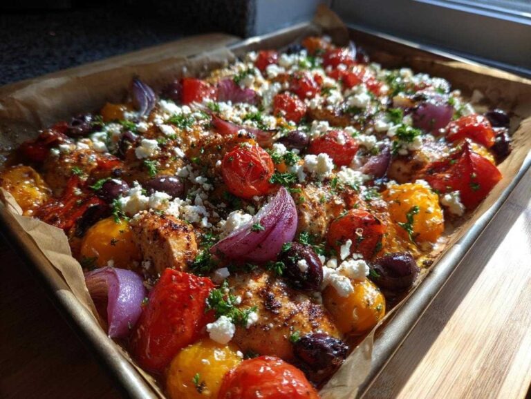 Overhead view of sheet pan Mediterranean chicken with tomatoes, onions, olives, and feta cheese.