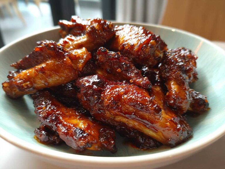 A bowl full of glistening Teriyaki chicken wings, coated in a rich, dark sauce.