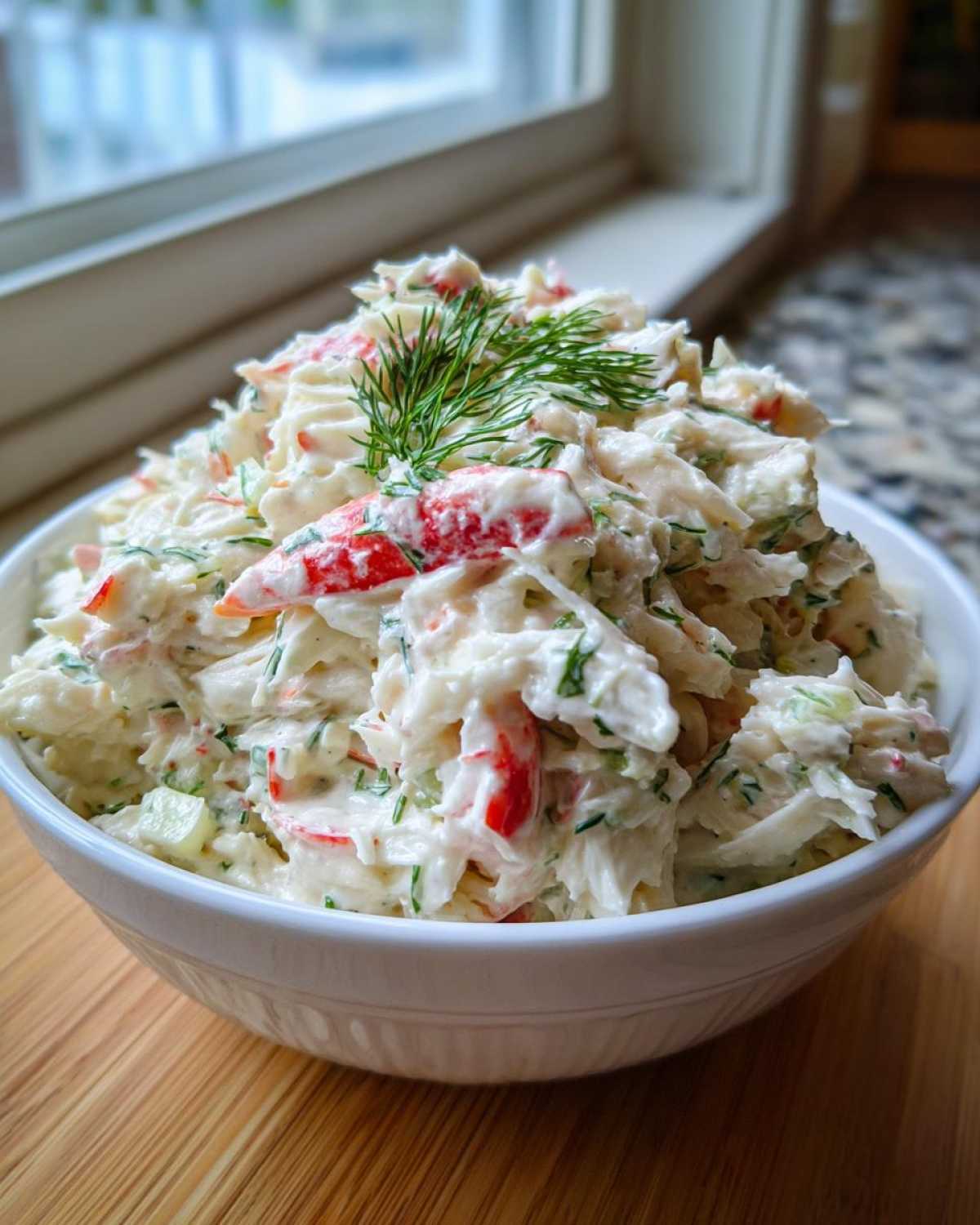 A generous serving of creamy crab salad topped with fresh dill, ready to eat.