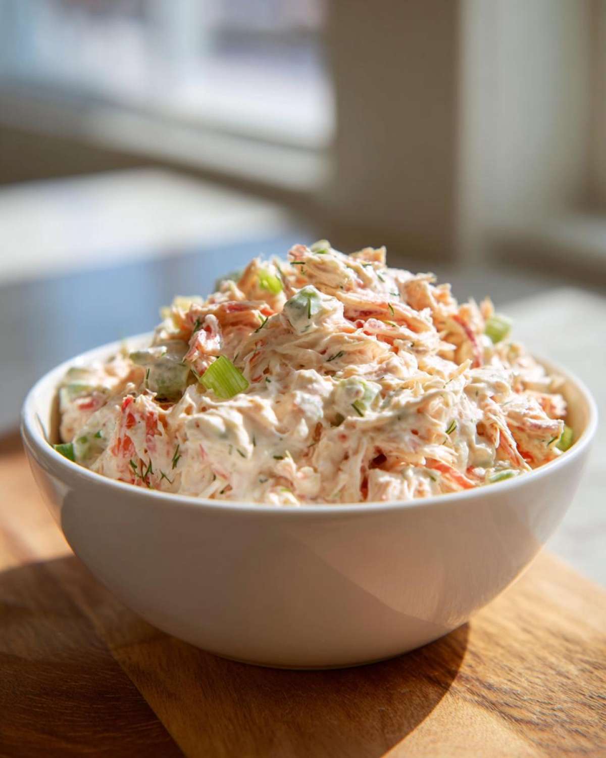A creamy bowl of homemade crab salad mixed with celery and herbs, ready for serving.