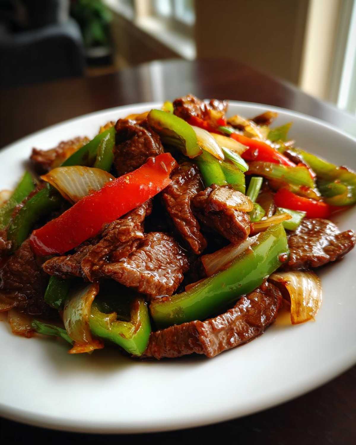 A close-up of a white plate filled with savory pepper steak, featuring tender beef strips, green bell peppers, red peppers, and onions.