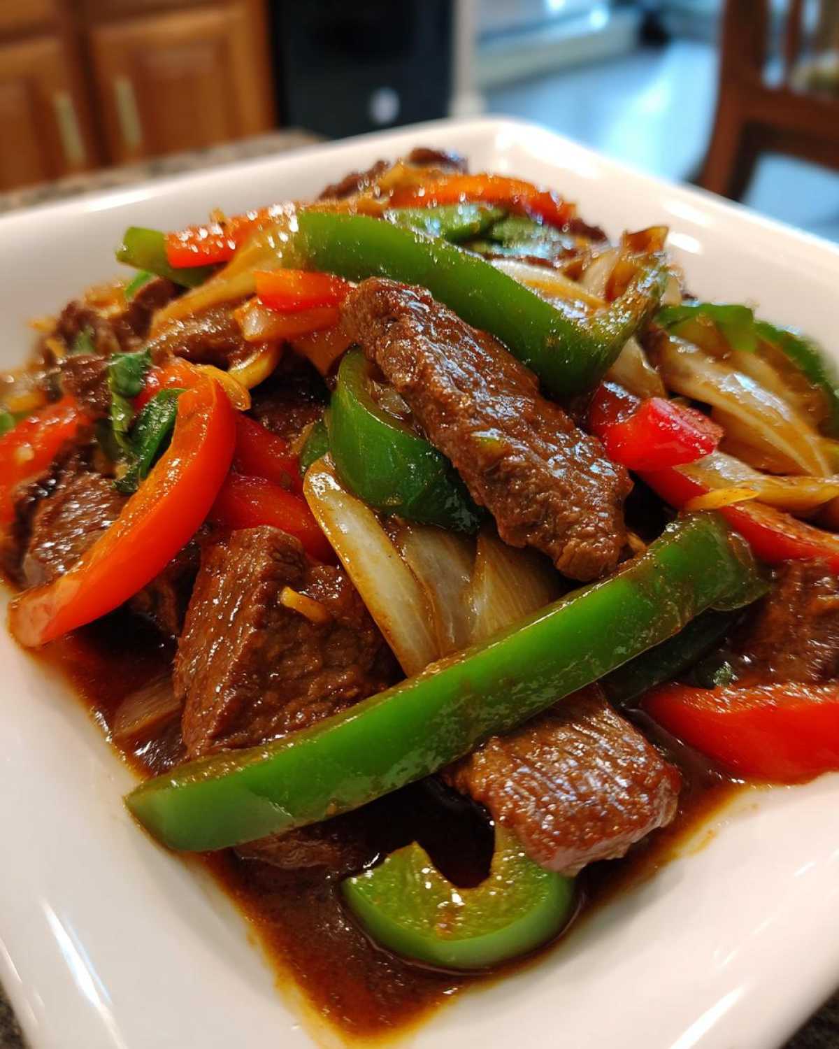 Close-up of juicy beef slices and vibrant green and red peppers in a rich sauce, classic pepper steak.