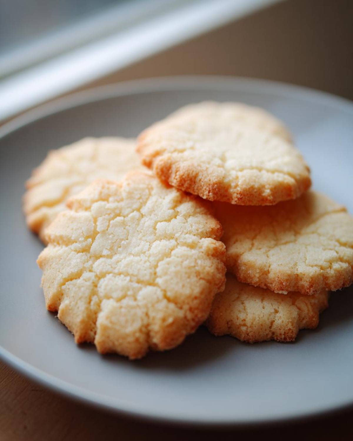 Close-up of several golden brown butter cookie rounds stacked on a muted gray plate near a window.