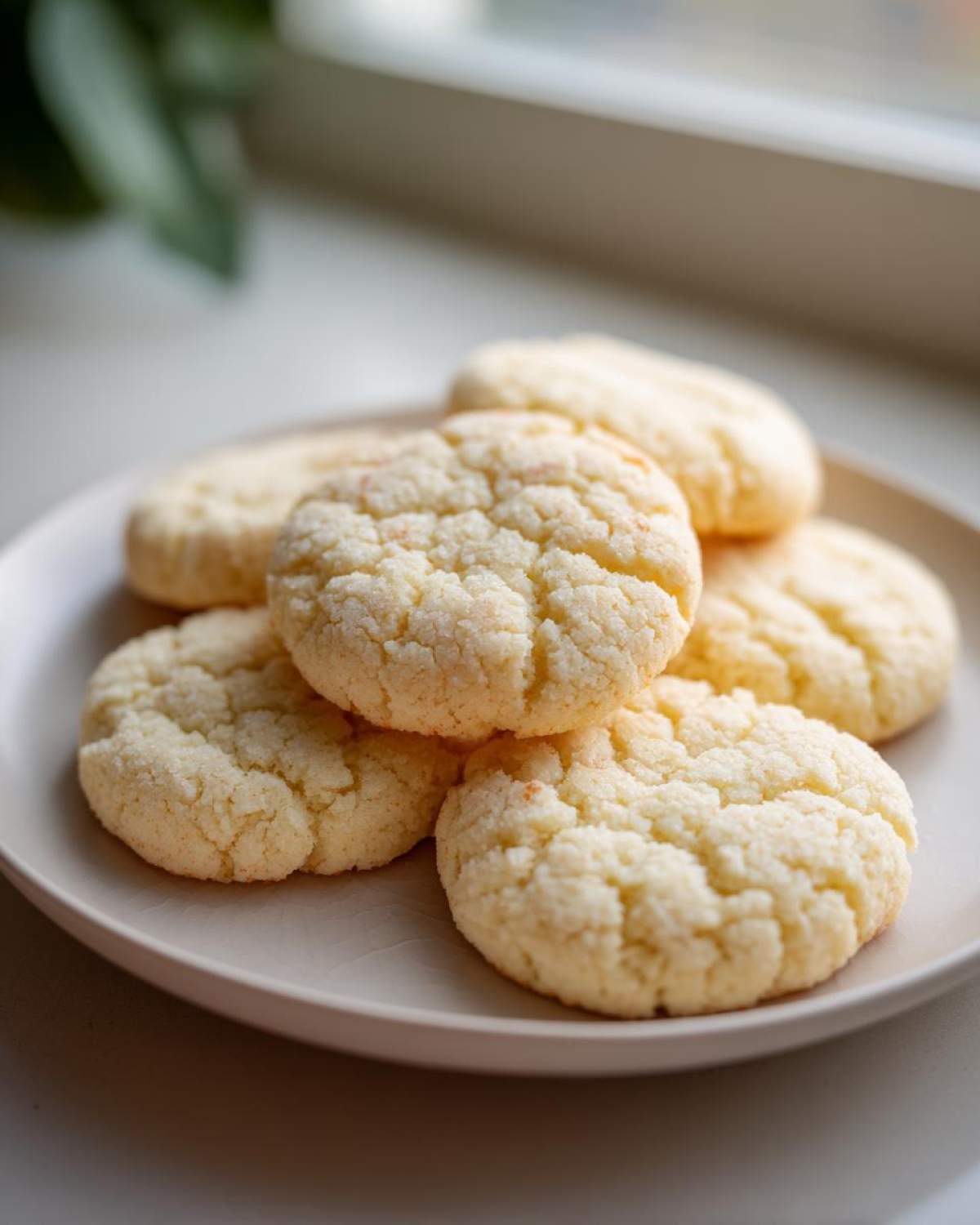 A stack of freshly baked, pale yellow butter cookie treats with a slightly crinkled surface on a light plate.