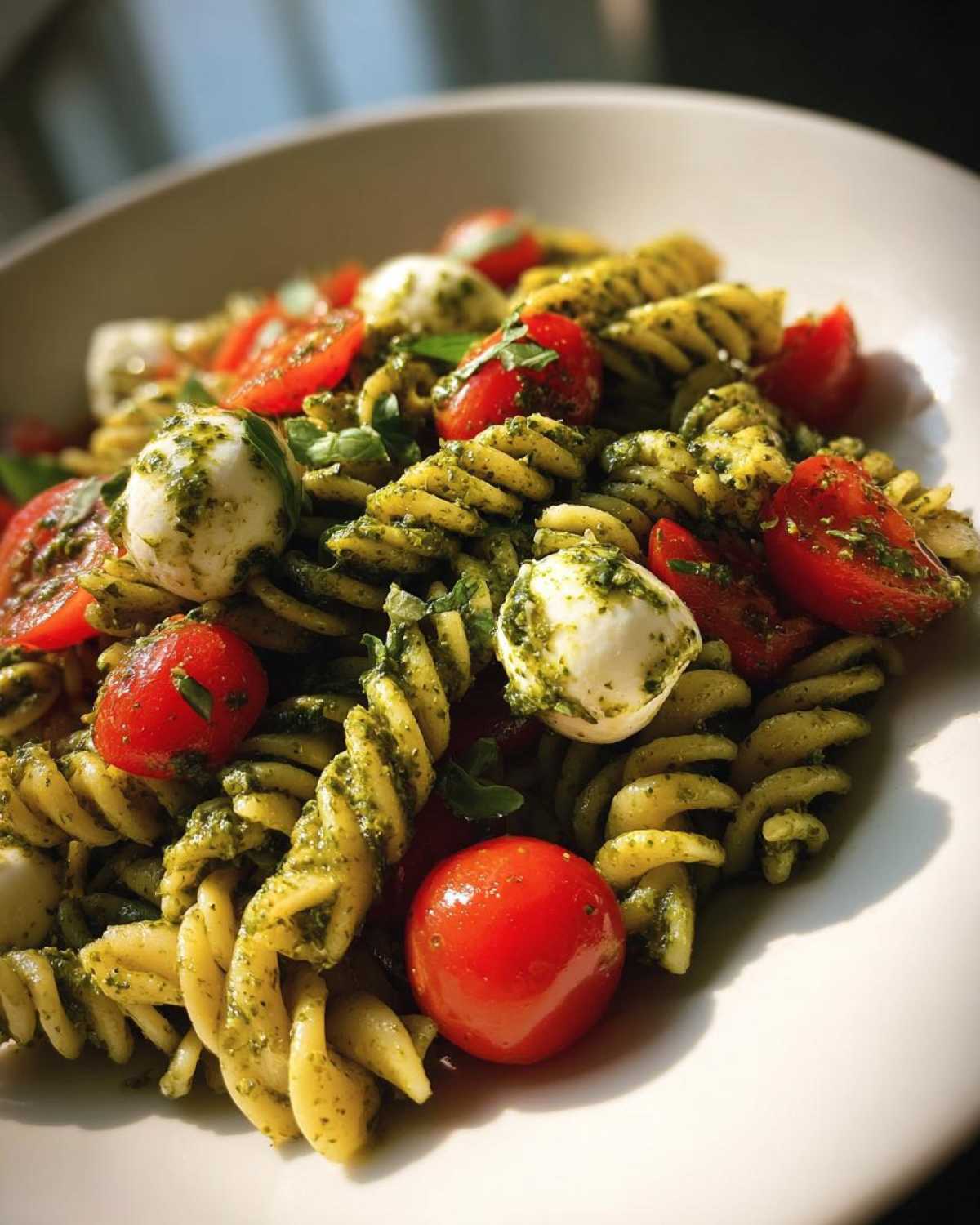 A close-up shot of a vibrant pesto pasta salad featuring rotini pasta, cherry tomatoes, and small mozzarella balls.