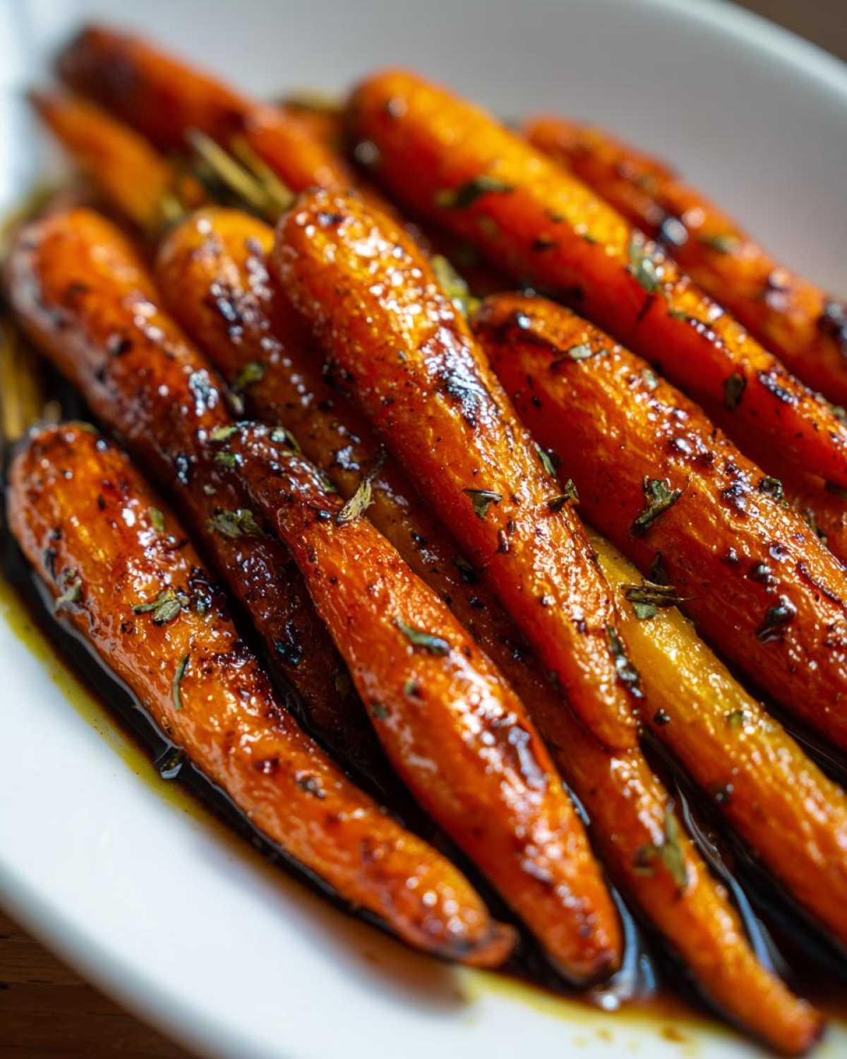 Close-up of shiny, glazed roasted carrots seasoned with herbs, resting in a dark sauce on a white platter.