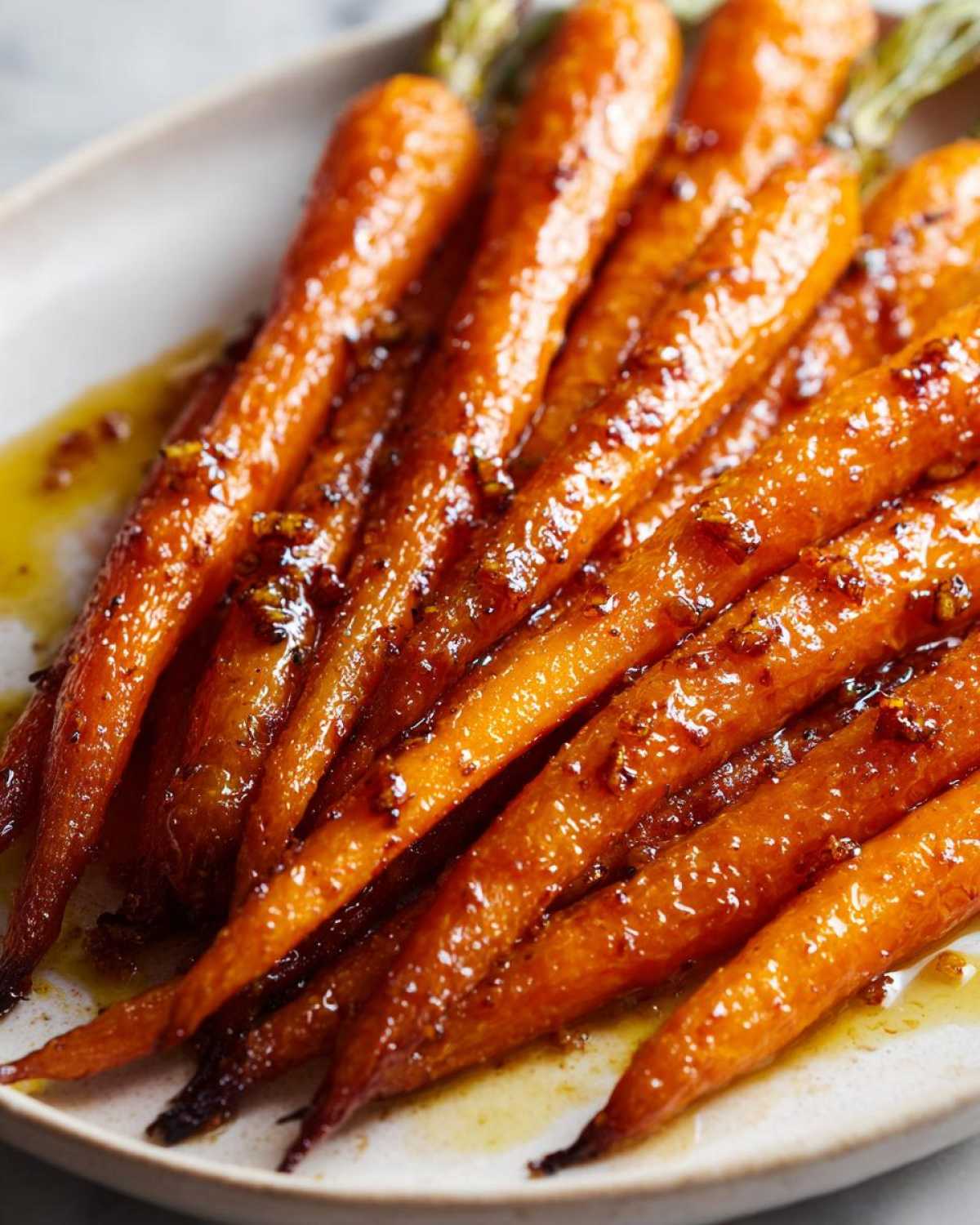 Close-up of glossy, glazed roasted carrots served on a white plate with visible herbs and sauce.