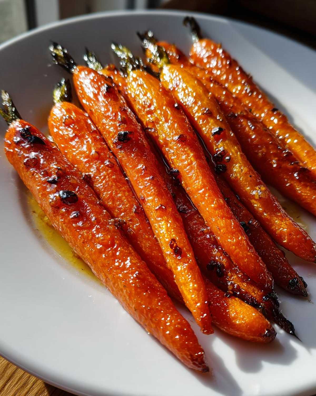 Close-up of perfectly caramelized and glazed roasted carrots with the green tops slightly visible, served on a white plate.