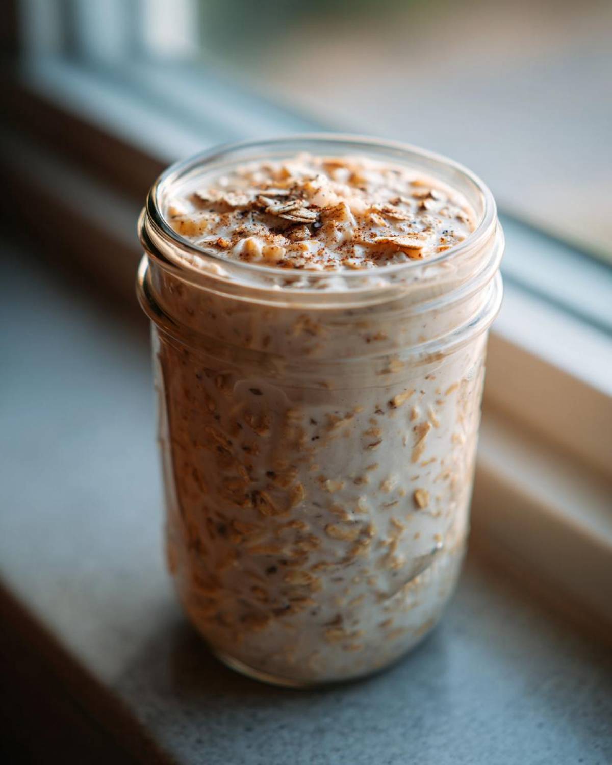 A glass jar filled with creamy apple cinnamon overnight oats, topped with cinnamon and oats.