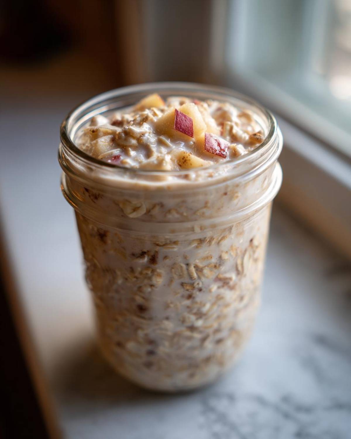 Close-up of apple cinnamon overnight oats prepared in a glass mason jar, topped with diced apples.