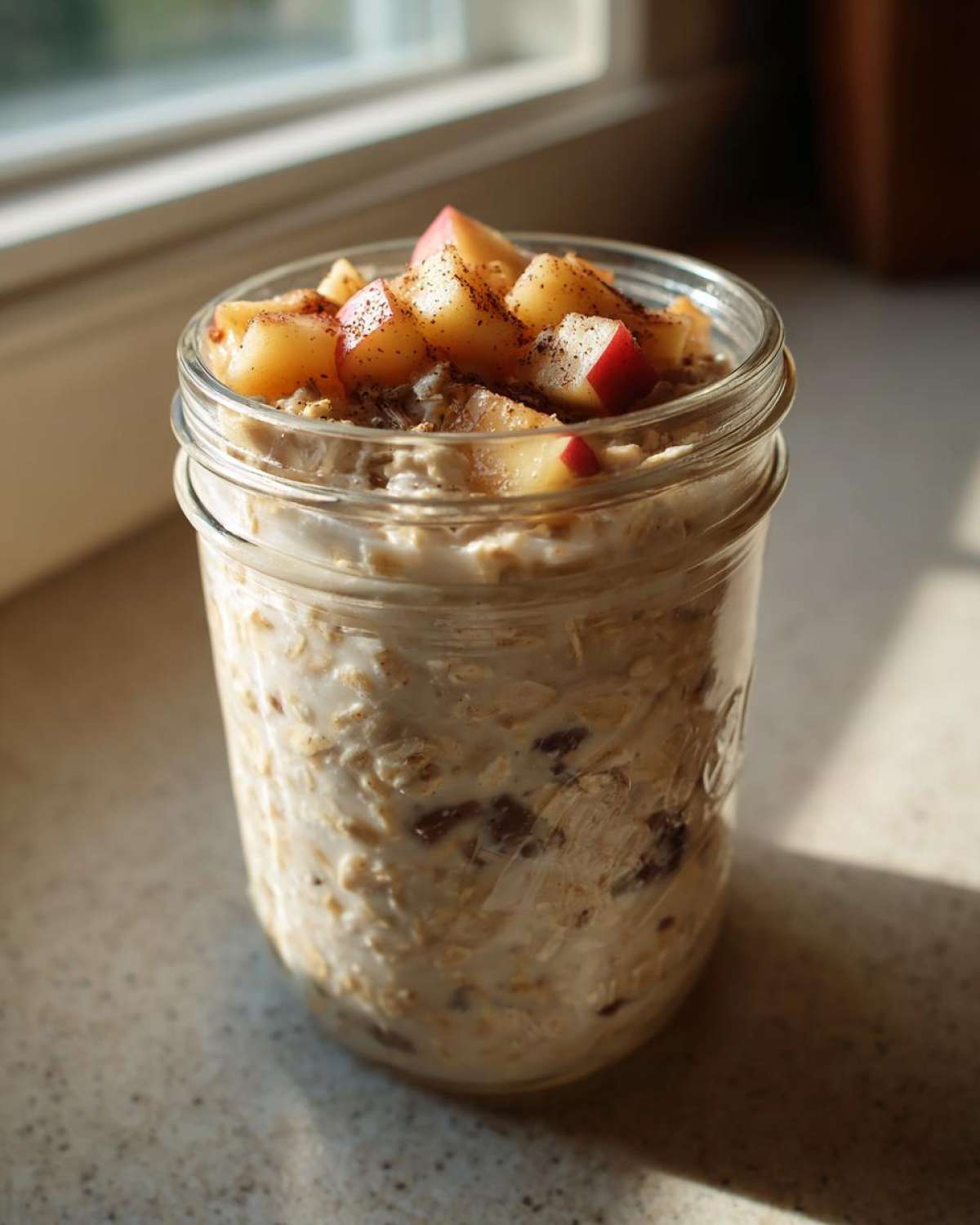 A glass jar filled with apple cinnamon overnight oats, topped with diced apples and cinnamon.