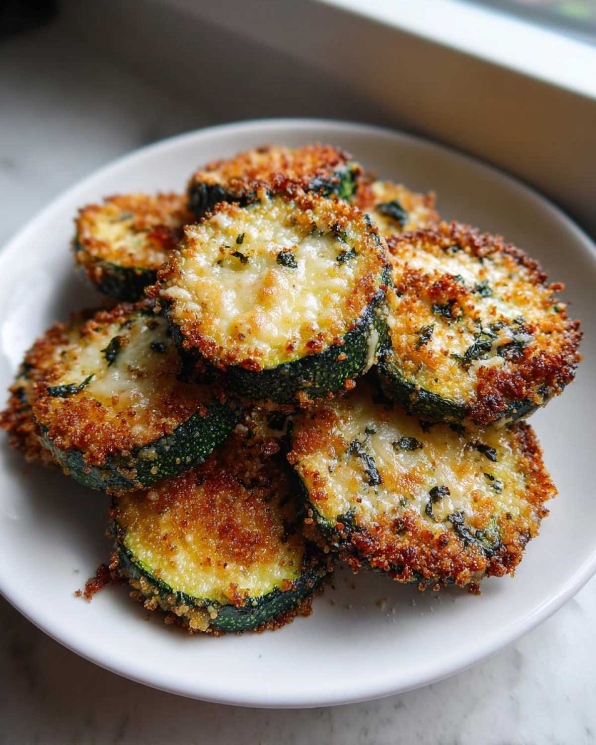 Close-up of several rounds of crispy, golden-brown baked parmesan zucchini with melted cheese.