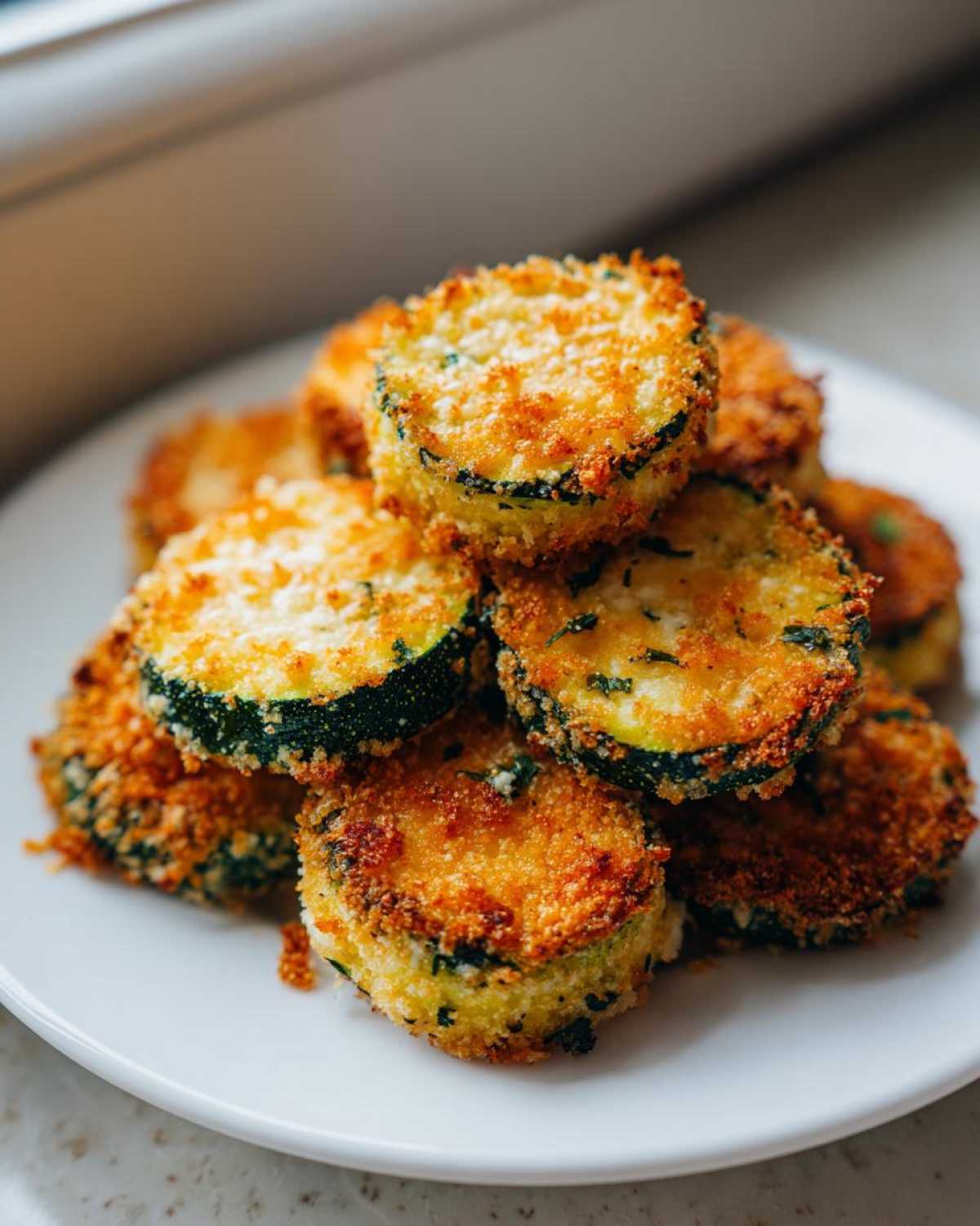 A stack of golden brown, crispy baked parmesan zucchini slices on a white plate.