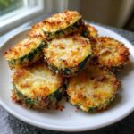 A stack of golden brown, crispy baked parmesan zucchini slices piled on a white plate.