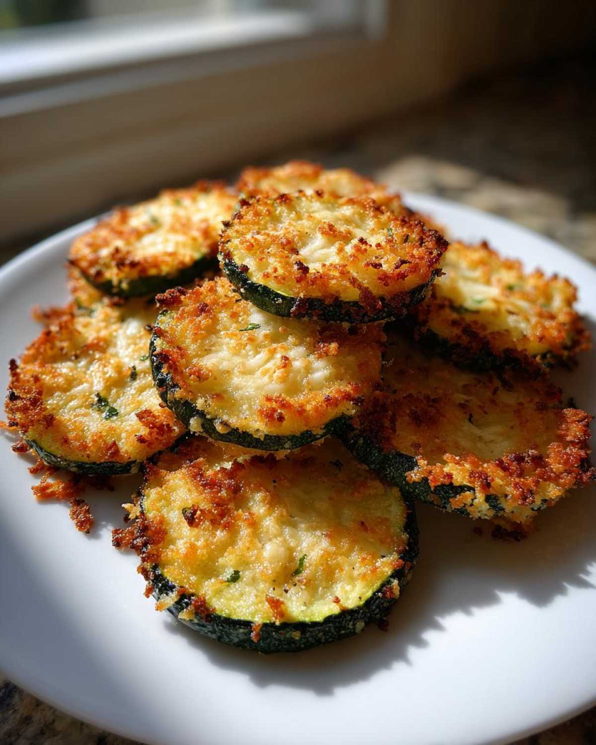 A pile of golden brown baked parmesan zucchini slices stacked on a white plate, beautifully lit by sunlight.