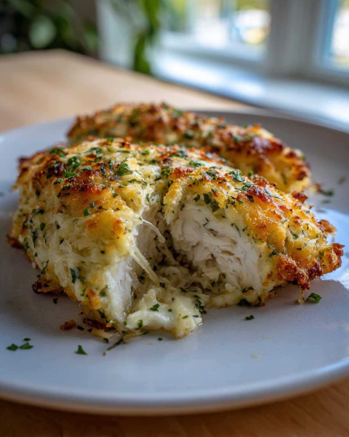 Close-up of baked ranch chicken breast cut in half, showing moist white meat and melted cheese topping.