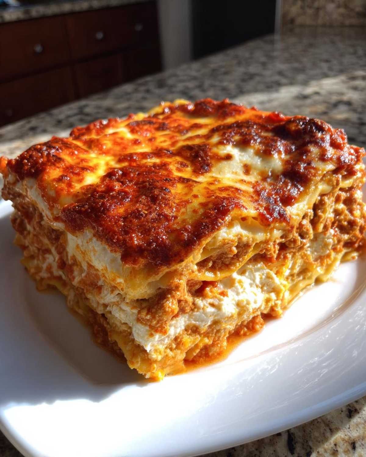 A thick, square slice of baked ravioli lasagna showing layers of pasta, ricotta, and meat sauce with a browned, cheesy top.
