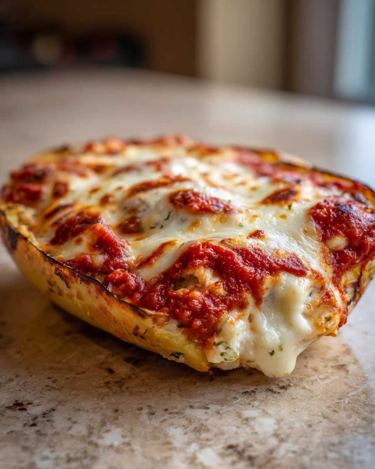 Close-up of baked spaghetti squash lasagna topped with bubbly marinara sauce and melted mozzarella cheese.