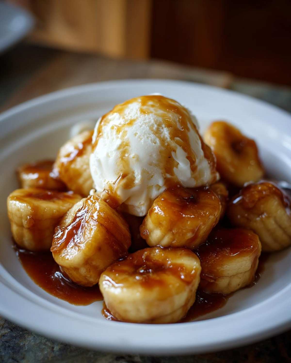 Close-up of caramelized bananas in rich sauce topped with vanilla ice cream, classic Bananas Foster dessert.