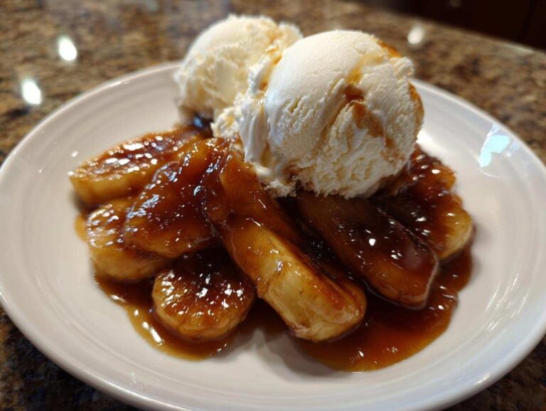 Two scoops of vanilla ice cream topping warm, caramelized bananas in a rich sauce for Bananas Foster.