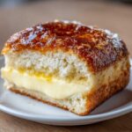 A cross-section of a bee sting cake showing fluffy yeast dough, thick vanilla cream filling, and a caramelized honey-almond topping.