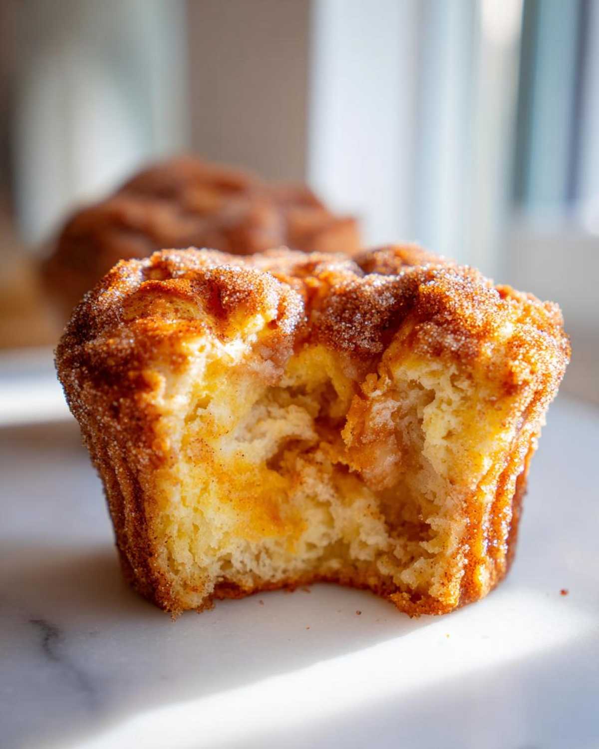 Close-up of a french toast muffins with a bite taken out, showing the soft interior and cinnamon sugar topping.