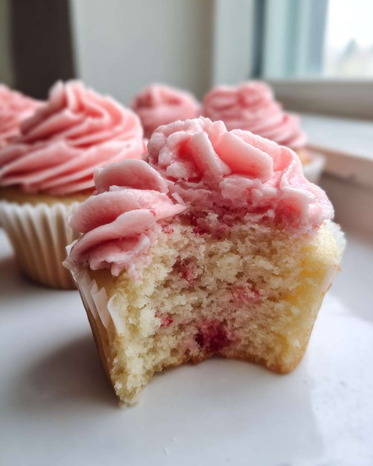 Close-up of a bitten strawberry cupcakes showing the moist crumb and pink strawberry frosting.
